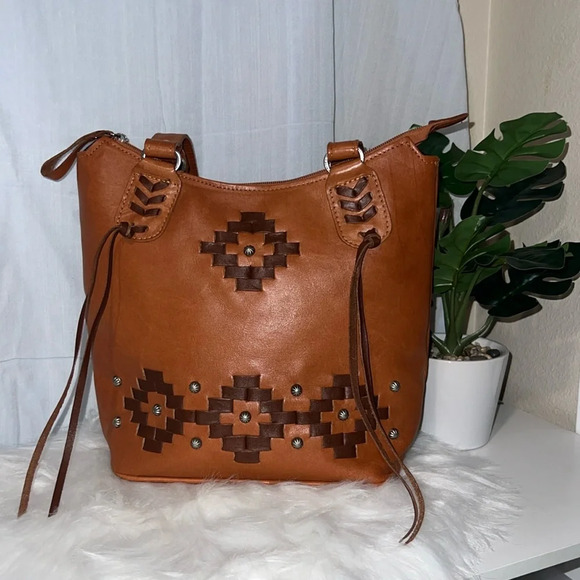 American West Womens Tribal Weave Golden Tan Leather Handbag - Picture 2 of 10